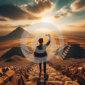 A selfie at the top of an ancient pyramid, capturing the expans photo