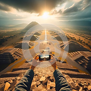 A selfie at the top of an ancient pyramid, capturing the expans photo
