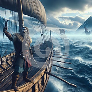 A selfie of a Viking warrior on a longship in a Surrealist styl