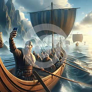 A selfie of a Viking warrior on a longship in a Surrealist styl photo