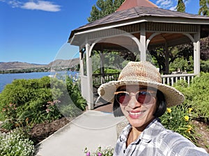 Selfie woman travel Osoyoos lake, British Columbia Canada