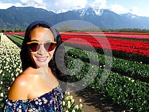 Selfie Woman Tulip Field Agassiz, Chilliwack, British Columbia, Canada.