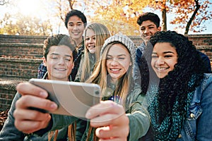 Selfie, youth or friends in park for social media, online post or profile picture in autumn or nature. Smile, teenage