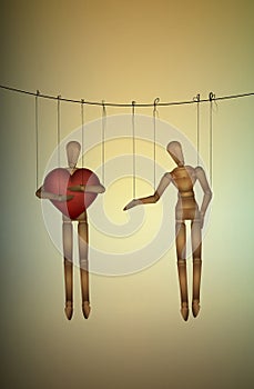 Selfish concept, marionette holds big heart and do not share with another, greedy lover,