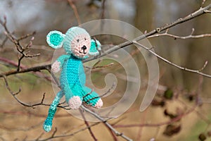 Selfmade stuffed monkey in tree