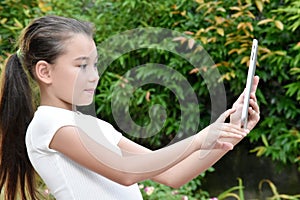Selfy Of Cute Girl Kids Using Tablet