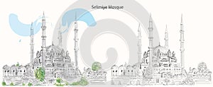 Selimiye Mosque Edirne Turkey. Hand drawing vector illustration line art. Art of the great architect Sinan