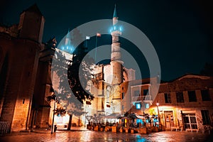 Selimiye Mosque, formerly St. Sophia Cathedral and nearby restaurant at night. Nicosia, Cyprus
