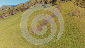 Seljalandfoss, Iceland. Amazing aerial view from drone in summer season