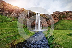 Seljalandfoss waterfall. Beautiful summer sunny day