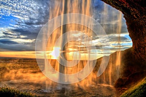 Seljalandfoss waterfall at sunset in HDR, Iceland