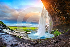 Seljalandsfoss waterfall during the sunset, Beautiful waterfall in Iceland