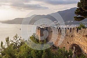 Seljuk era fortress, a huge defensive wall overlooking the Mediterranean Sea in Turkey