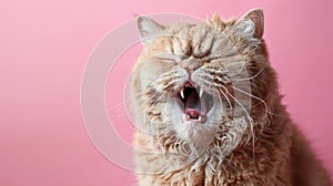 Selkirk Rex, angry cat baring its teeth, studio lighting pastel background