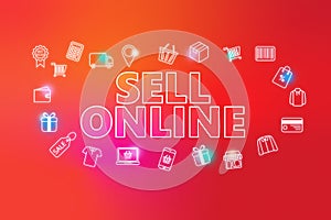 Sell online  â€” e-commerce web button on red background.