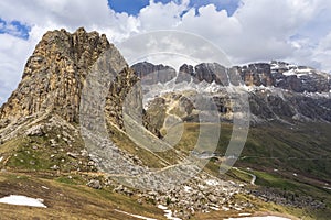 Sella group on the background of clouds. Dolomites. Italy