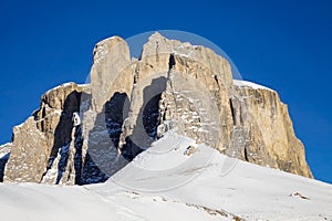 Sella group in the Dolomite mountains in winter