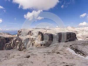 Sella group massif mountains of northern Italy view from Sass Pordoi 2952 m, Dolomites, Trentino Alto Adige, northern Italy,