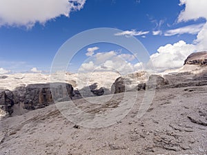 Sella group massif mountains view from Sass Pordoi 2952 m, Dolomites, Trentino Alto Adige, northern Italy, Europe