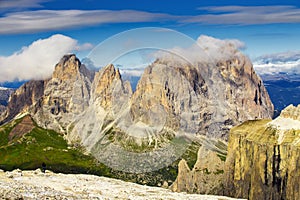 Sella Group mountain seen from Sass Pordoi, Dolomites, Italy