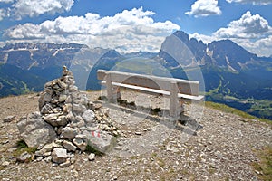 Sella Group mountains on the left and Sassoloungo and Sassopiatto mountains on the right viewed from Mount Pic above Raiser P