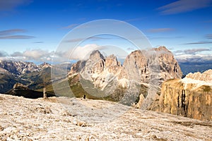 Sella group peeks seen from Sass Pordoi in Dolomites, Italy