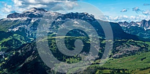 Sella mountain group with highest Piz Boe mountain peak from Monte Sief mountain peak summit in Dolomiti mountains in Italy