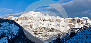 Sella mountain massif in Dolomites at sunrise