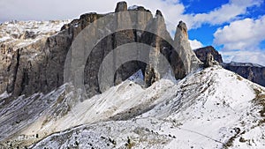 Sella Pass, Italy. Breathtaking snowy scenics Dolomite Alps, with mount Sella Towers, landscape of Sudtirol.