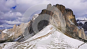 Sella Pass, Italy. Breathtaking snowy scenics Dolomite Alps, with mount Sella Towers, landscape of Sudtirol.