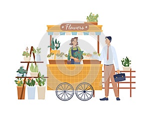 Seller and buyer at outdoor flower shop, bouquet