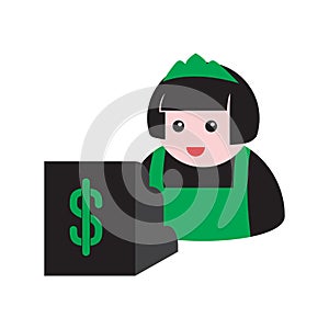 Seller and cash register icon on a white isolated background. Vector image