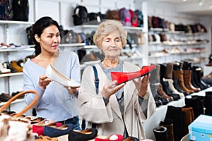 Seller helping elder woman to choose shoes