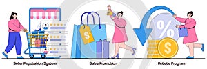 Seller reputation system, sales promotion, rebate program concept with people character. E commerce abstract vector illustration