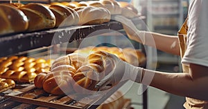 A Seller Stocks the Shelves with Newly Baked Bread