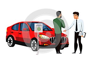 Seller talking with customer about car in showroom