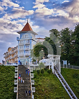 Sellin on RÃ¼gen, Germany - View from the bottom up to the staircase with tourists, that connects the town of Sellin with the