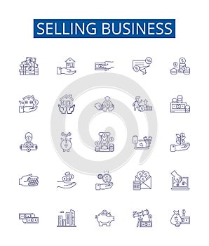 Selling business line icons signs set. Design collection of Vending, Merchandising, Trading, Brokering, Marketing