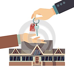 Selling and buying house real estate vector business concept with hands home key