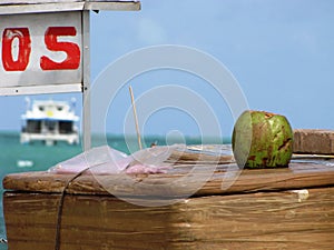 Selling coconuts on a Brazilian beach, with a luxurious cruise in the background.