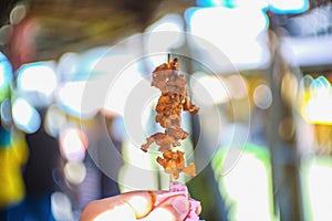 Selling Grilled crocodile Stick on tourist hand in Pattaya Floating Market in Chonburi City Thailand