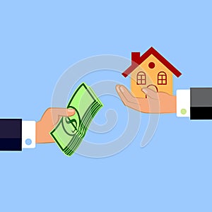 Selling a house concept. Hand giving money. Flat design style. Vector illustration.