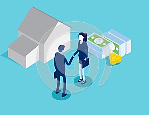 Selling housing or renting. Concluding a deal concept. Isometric vector style
