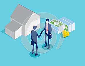 Selling housing or renting. Concluding a deal concept. Isometric vector style