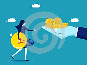 Selling ideas. Businesswoman holding a light bulb. vector. business
