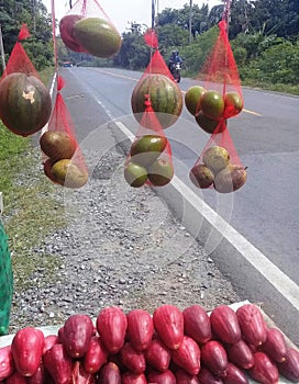 Selling longan fruit on the roadside of Sumatra for fruit traders