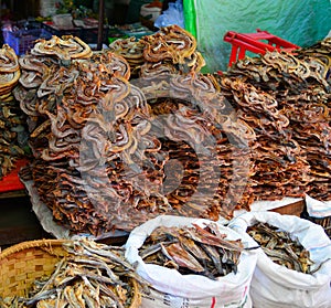 Selling salty fish at rural market