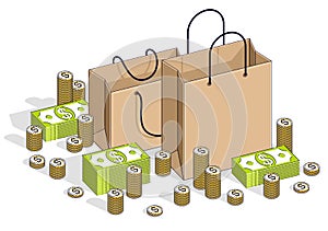 Sellout concept, Retail, Big Sale, Shopping Bag with cash money stacks and coin piles isolated on white background. Isometric