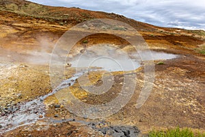 Seltun Geothermal Area in Krysuvik, landscape with steaming hot springs, Iceland