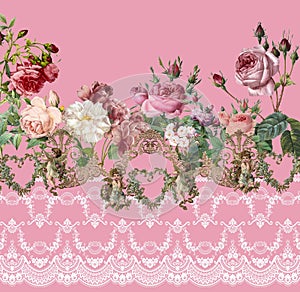 Romantic garden flowers roses pink lace